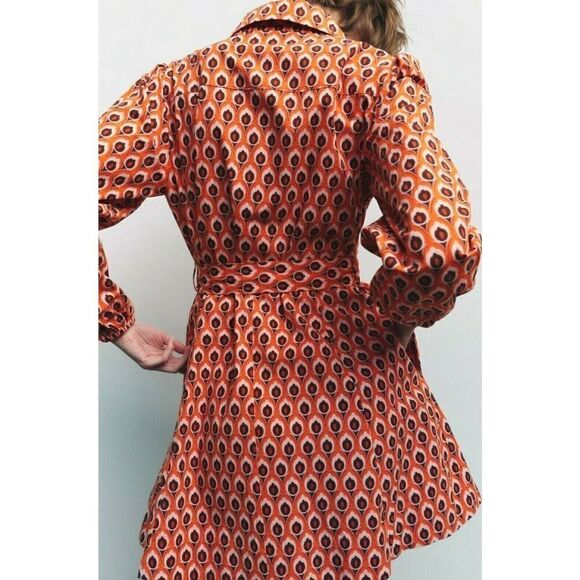NWT ZARA Dress Brigitte Mini Belted Orange Printed Pockets Sz. XXL - Picture 2 of 14